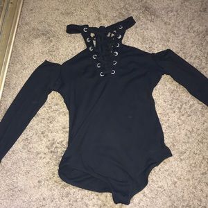 Black lace up collar body suit NWOT!